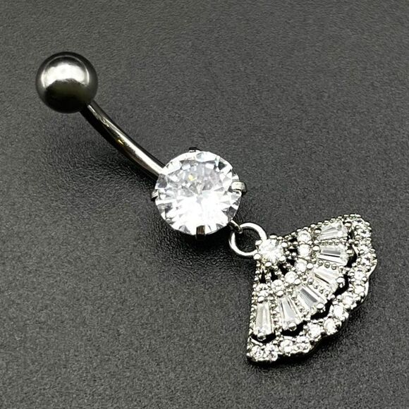316L Stainless Steel with White Diamond Cubic Zirconia Dangling Fan Belly Ring - Picture 1 of 7